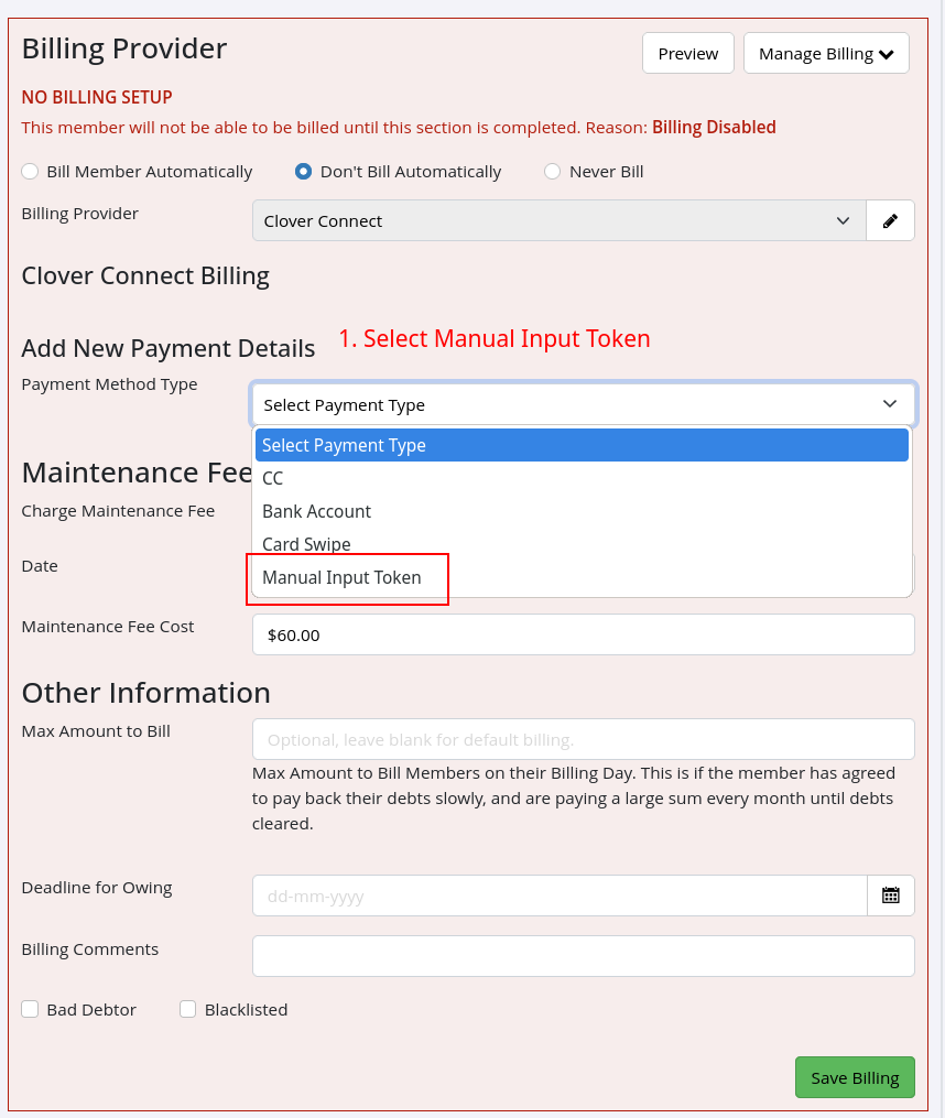Manual Entry of Billing Tokens